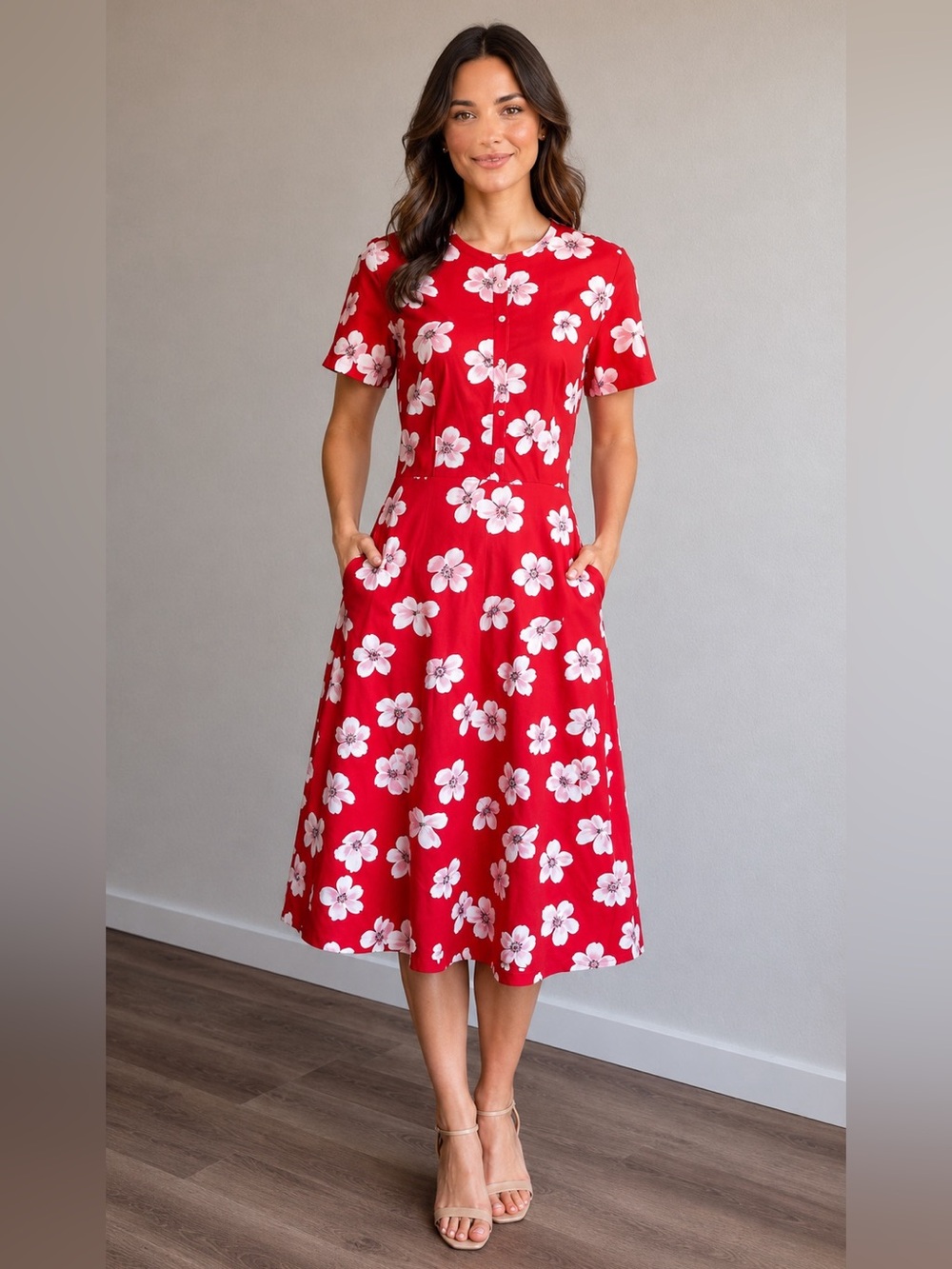 NWT J.Crew Red Floral Fit & Flare Midi Dress with Pockets Size 8